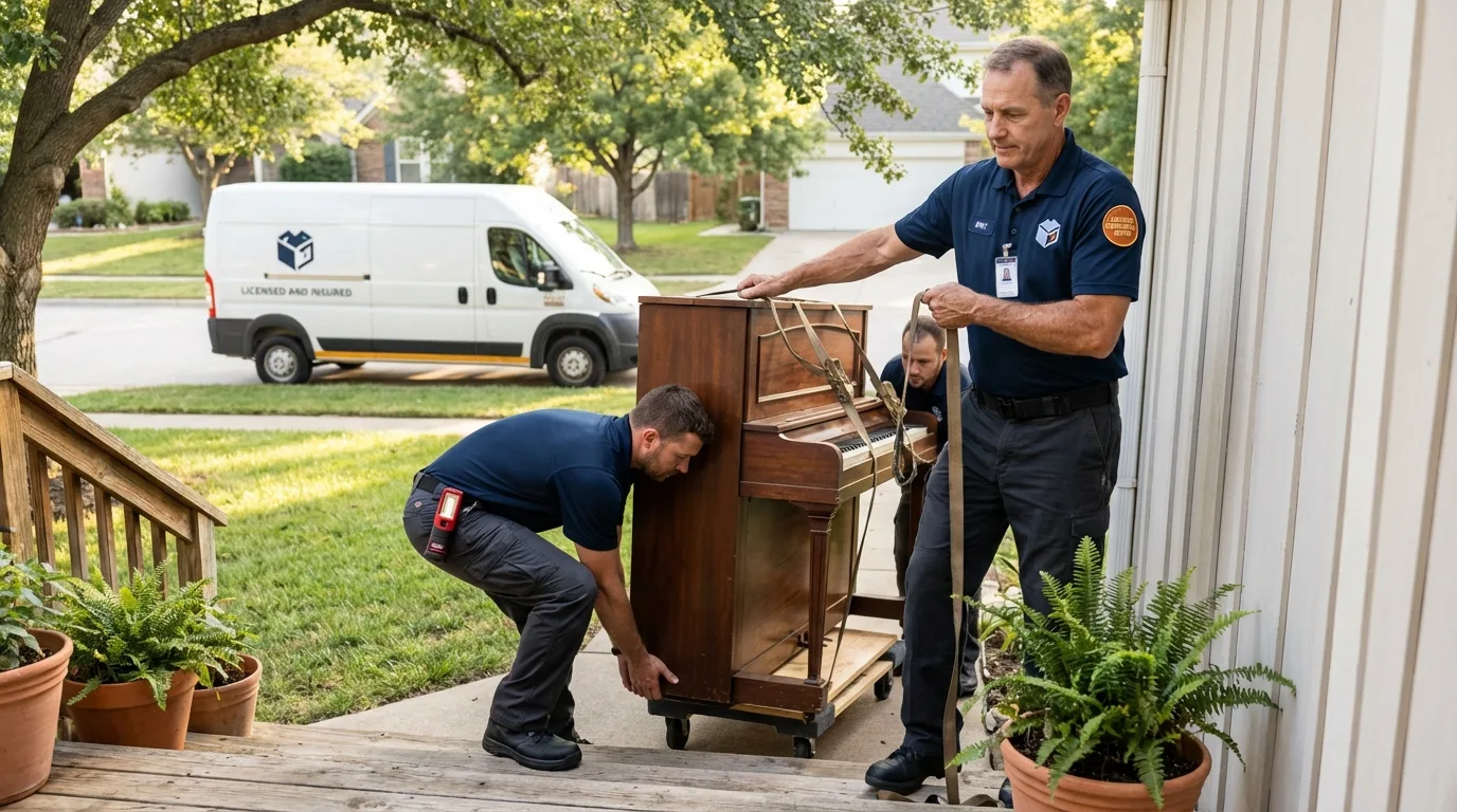 Licensed piano movers securing grand piano in Friendship, WI