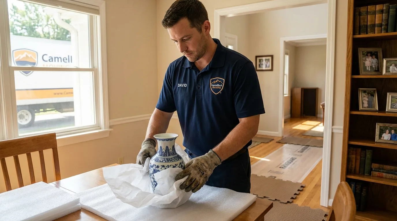 Professional crew carefully wrapping antique vase for senior downsizing move in Friendship, WI